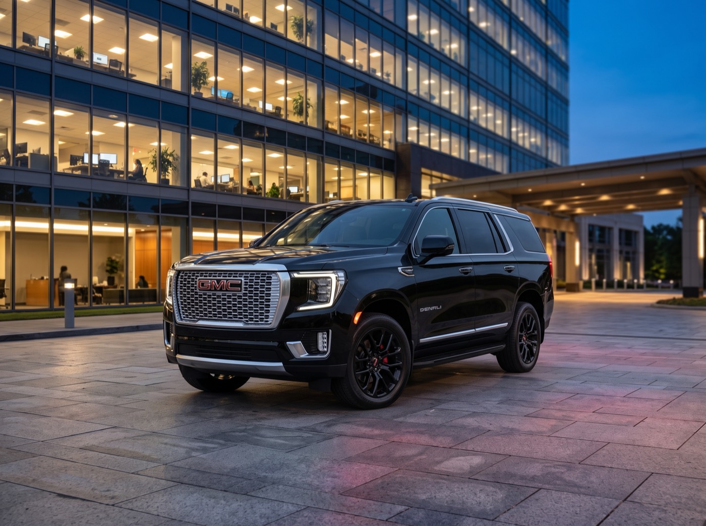 Front view of the black GMC Yukon Denali XL